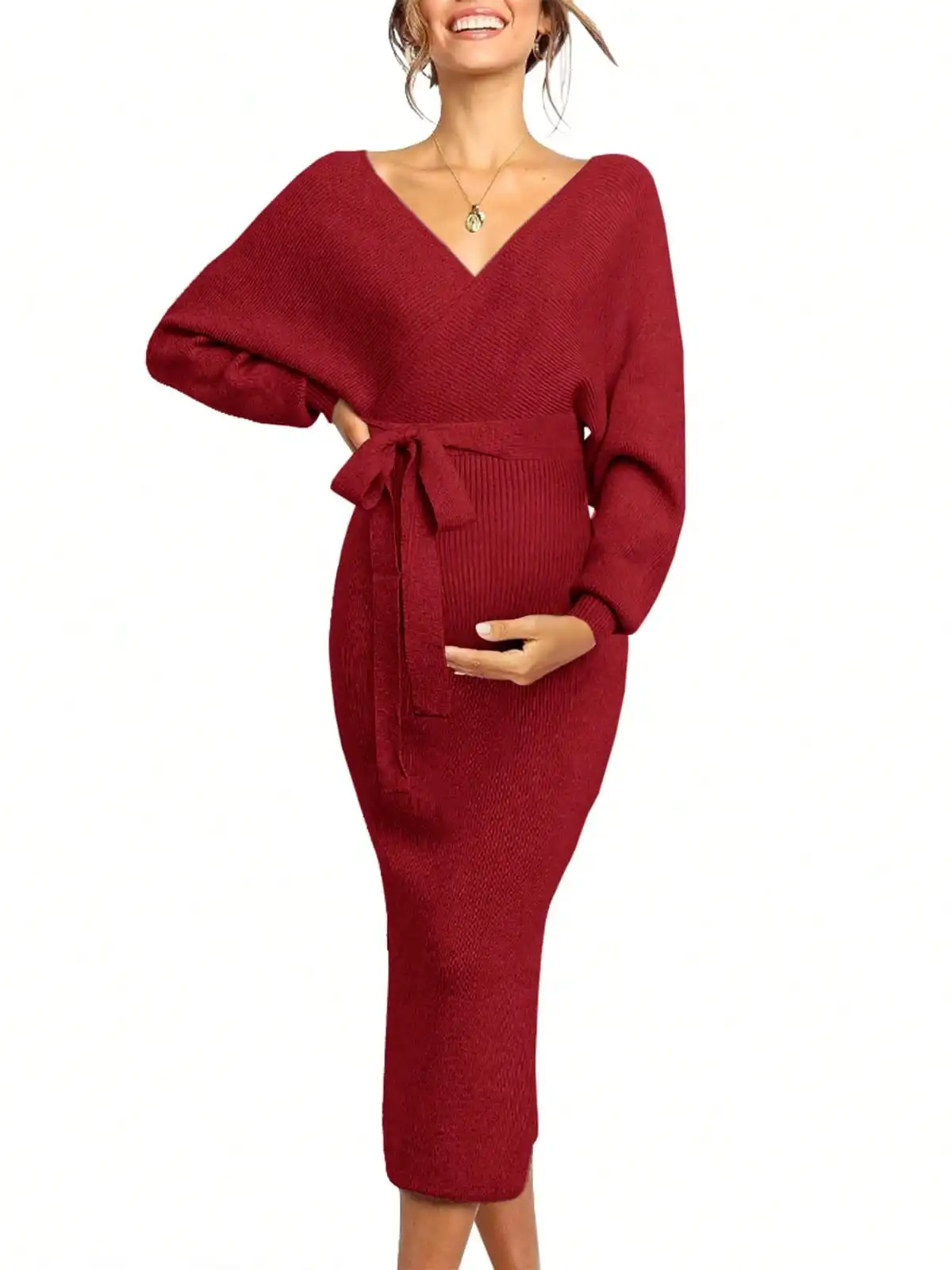 

Трикотажное платье с V-образным вырезом и поясом, с длинным рукавом, для беременных, для вечеринки в честь рождения ребенка и свадебных гостей