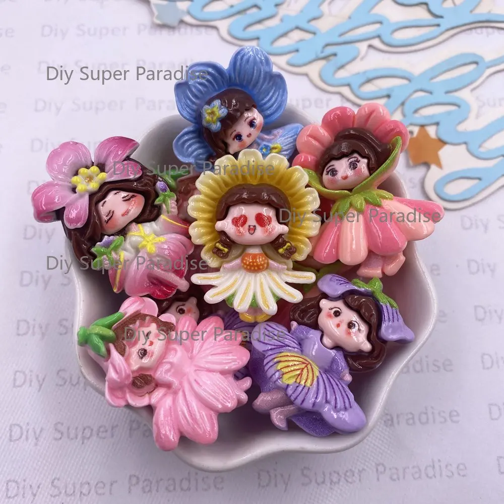 6PCS Resin Kawaii Colorful Painted Various Flower Girl Figurines Flat back Stone Scrapbook DIY Bow Home Decor Crafts Accessories
