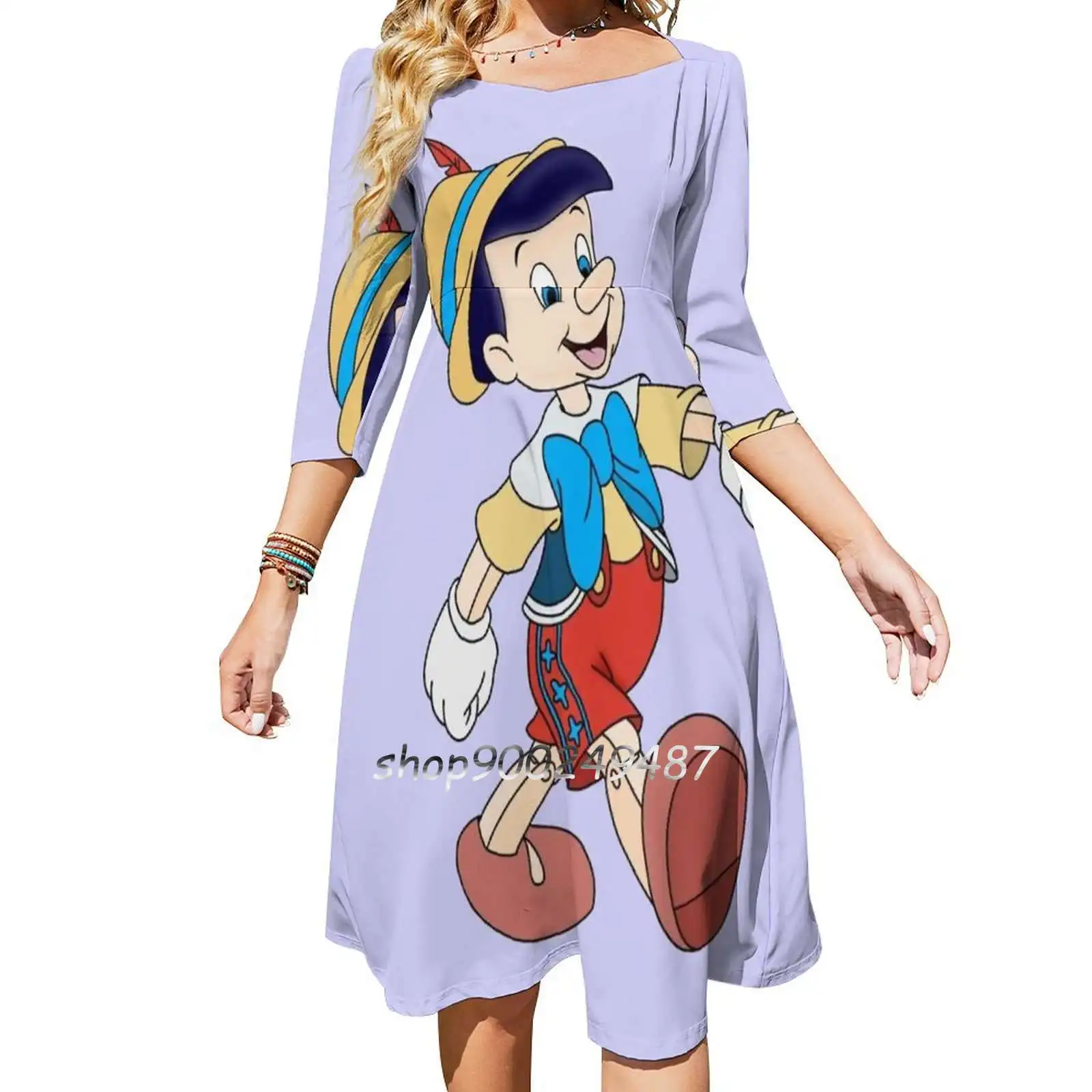 Square Neck Dress Sweet Summer Dress Women Elegant Halter Print Dress Puppet 1940 Marionette Jiminy Cricket Geppetto