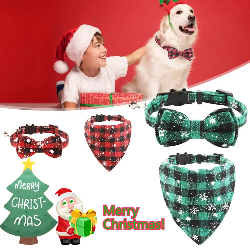 

Christmas Plaid Dog Collar with Removable Bowknot Bell Adjustable Breakaway Holiday Party Pet Safety D-Ring for Medium Cats Dogs