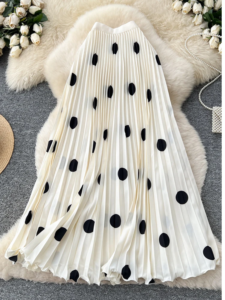 여성용 한국 스커트 도트 프린트 하이 엘라스틱 웨이스트 A라인 플리츠 미디 길이 휴가 스타일 출퇴근용 스커트 여성용 SK085
