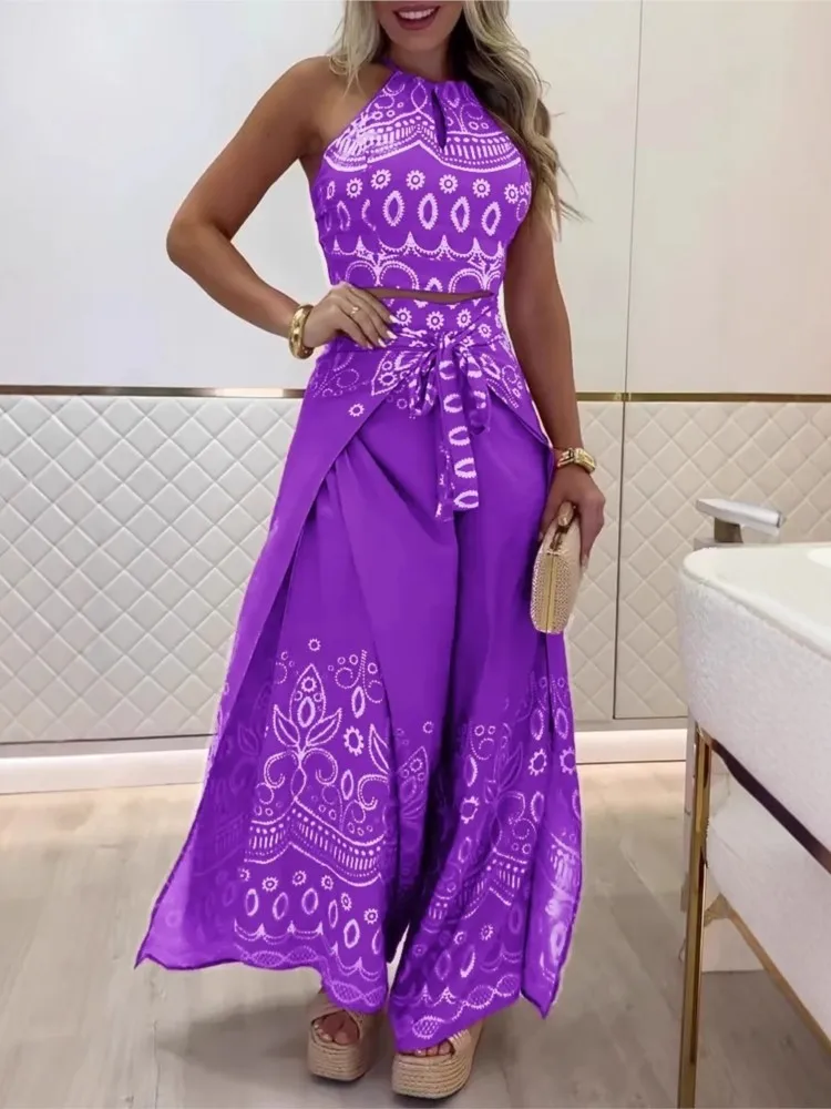 Sommer Neue Mode Gedruckt Beiläufige Lose Anzug Literarischen Retro Ärmellose Halter Top Breite bein Hosen Pendeln Zwei-stück Sets