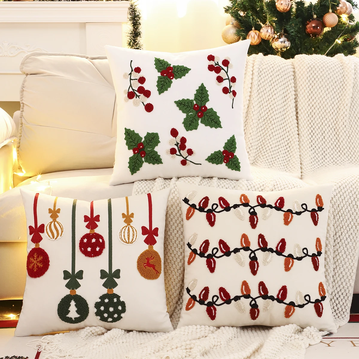 1 PC Christmas Flowers Throw Pillow Cover Velvet Embroidery Bell Christmas Decoration Living Room