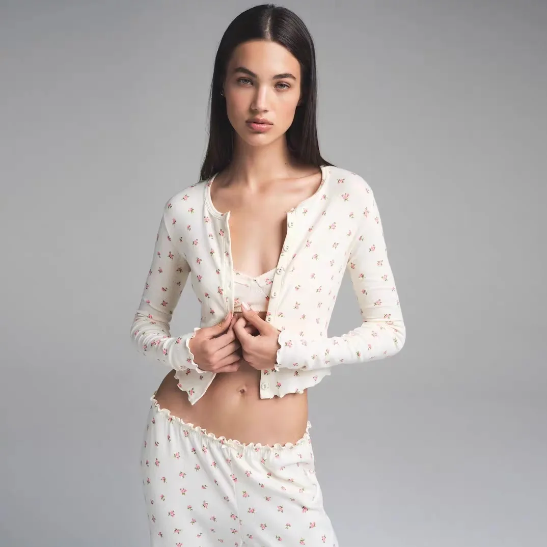 IAMUBABA Kardaian Sle Floral Hollow out Faion Set Lungo Sve rotondo Ne Two Pieces Suite Vntine's Day Home Wear