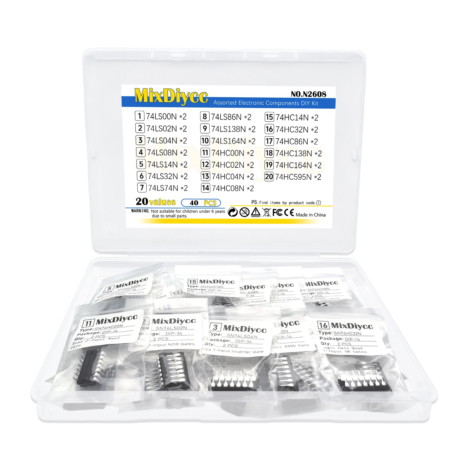 20 Values 74 Series Logic IC Kit DIP14/-16 SN74LS SN74HC 00N/02N/04N/08N/14N/32N/74N/86N/138N/164N/595N Total 40 Pcs