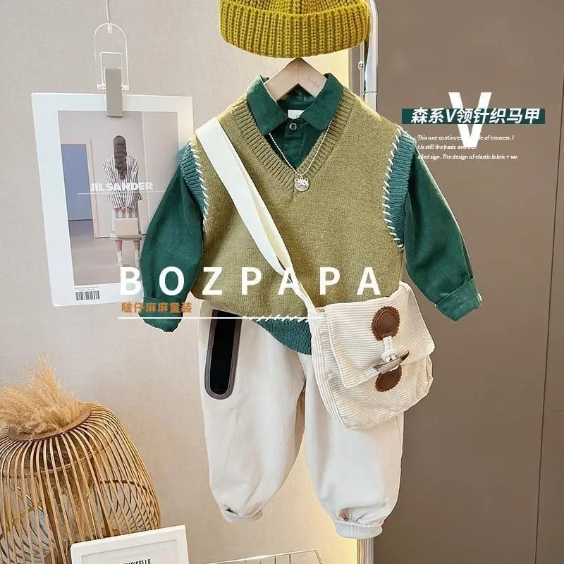 Spring Winter Fashion Boys Comfortable Casual Kids Knit Korea Vest+Shirt+Pants Children Casual Pants 3Pcs Suits Sets Clothing