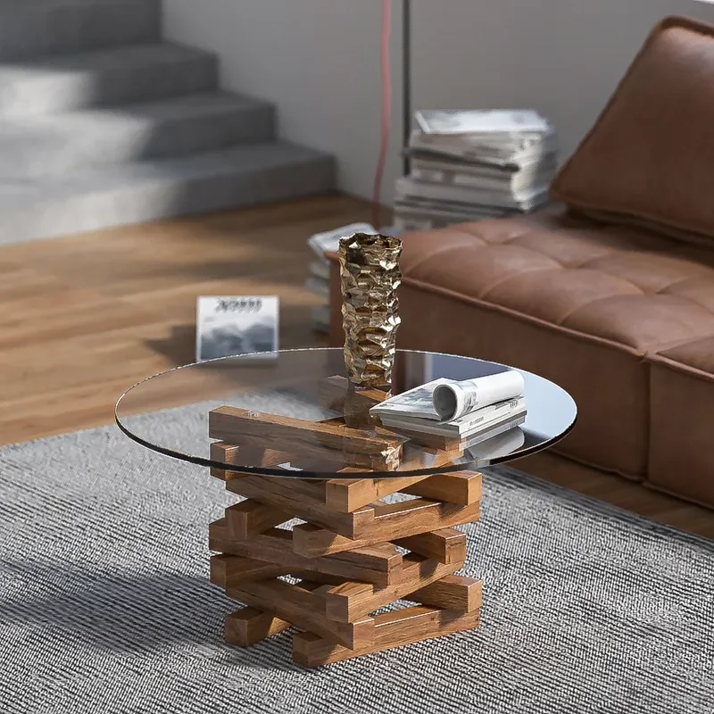 Geometric Solid Wood Glass Coffee Table Modern Light Luxury Creative Design Small Side Table for Living Room Home Decor