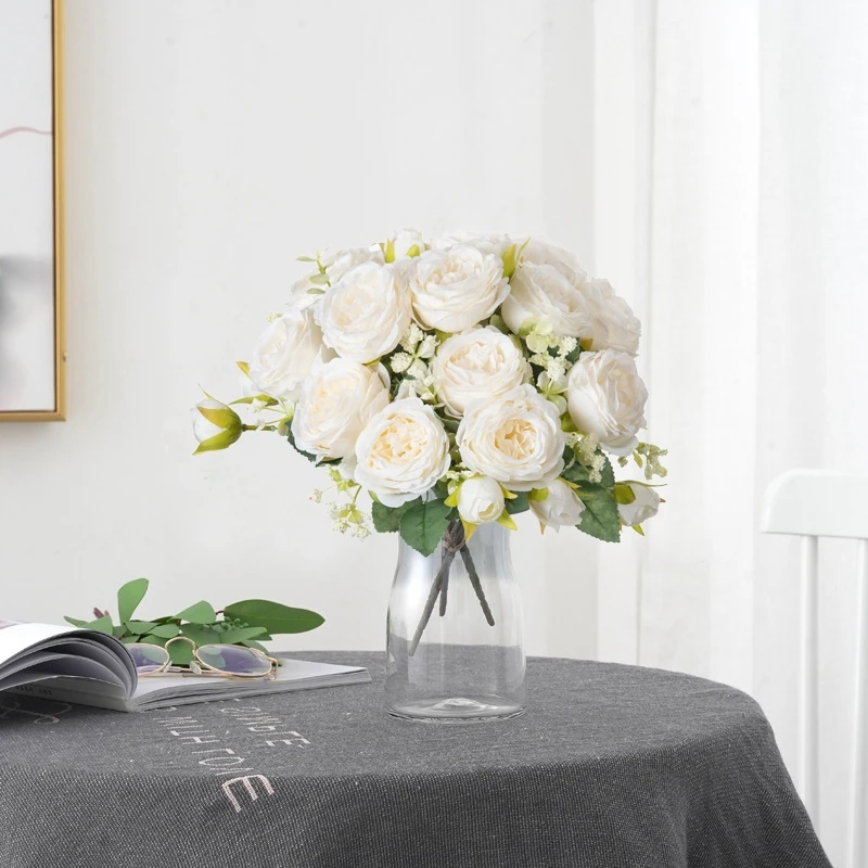 Künstliche Blumen, künstliche Seide, weiße Pfingstrosen, verwendet für Zuhause, Zimmer, Vasendekoration, Weihnachtskranz, Hochzeitsstrauß, Partyzubehör – Detail 16