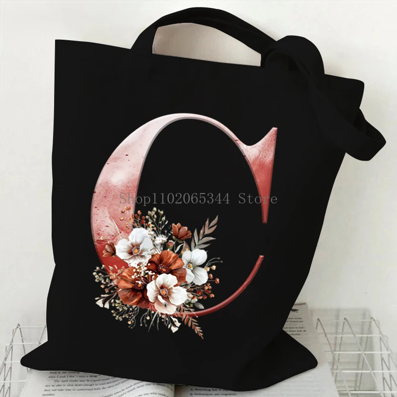 Red Rose Printing 26 Floral Alphabet A-Z Women\'s Handbags Reusable Soft Canvas Shopping Bags Fashion Vintage Letter Shoulder Bag