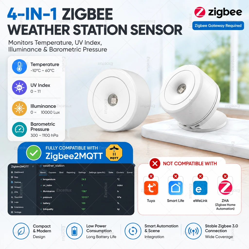 4 In 1 Zigbee Smart Air Pressure Environment Sensor UV Barometer Thermometer Luminance Detection For Zigbee2MQTT Home Assistant
