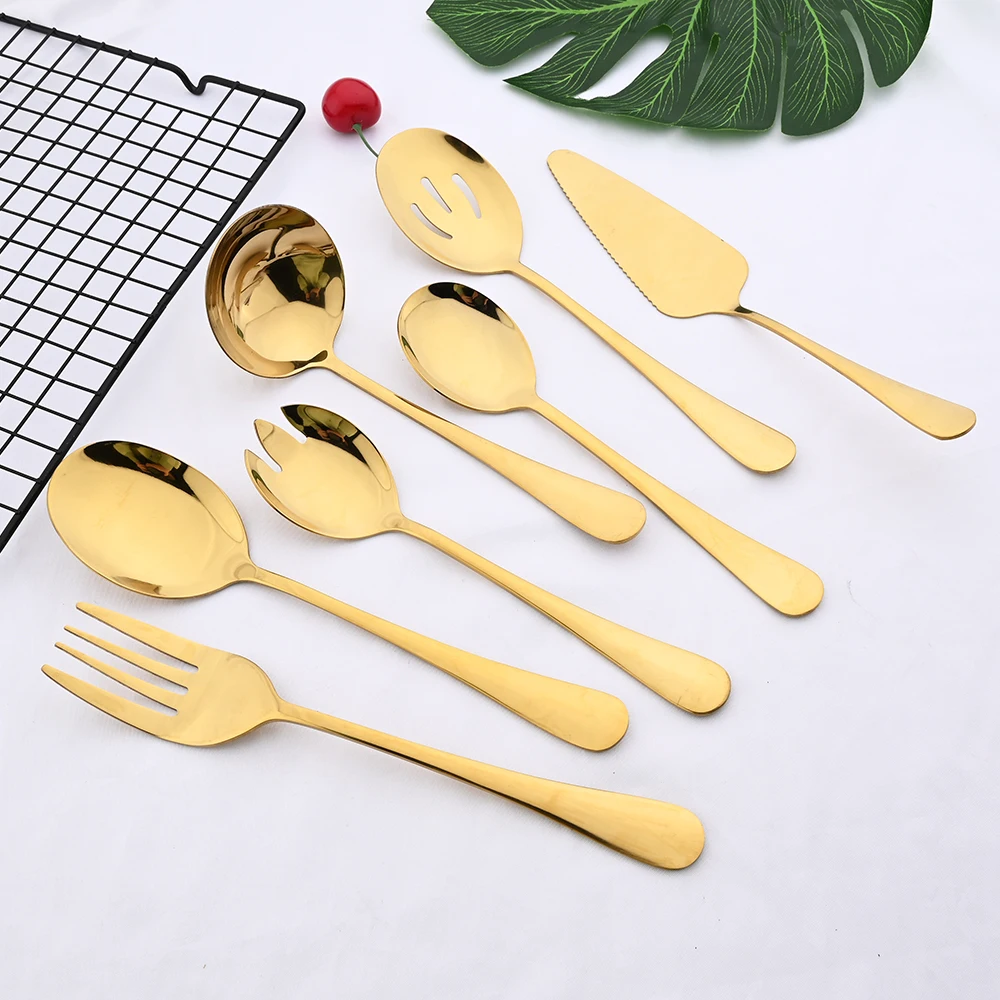 7Pcs Gold Stainless Steel Dinnerware Set Soup Spoon Colander Spoon Service Spoon Salad Fork Cake Spatula Kitchen Home Tableware