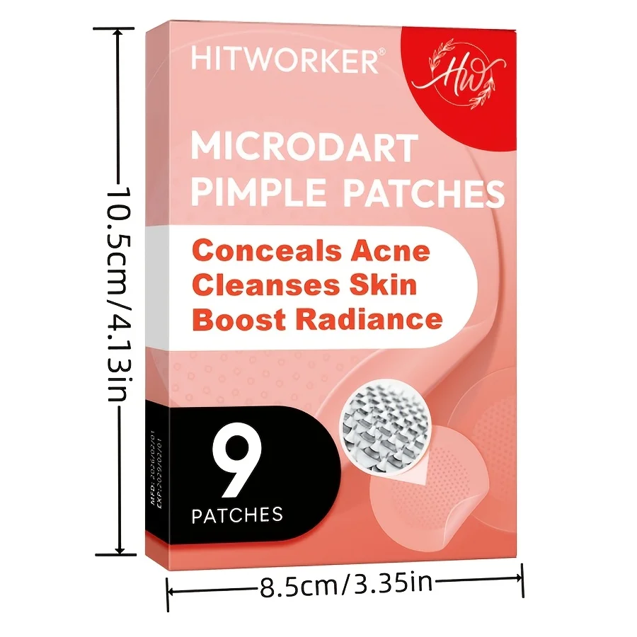9 Hitworker microneedle acne patches. 24-hour protection, invisible coverage, non irritating tea tree oil essence, suitable for