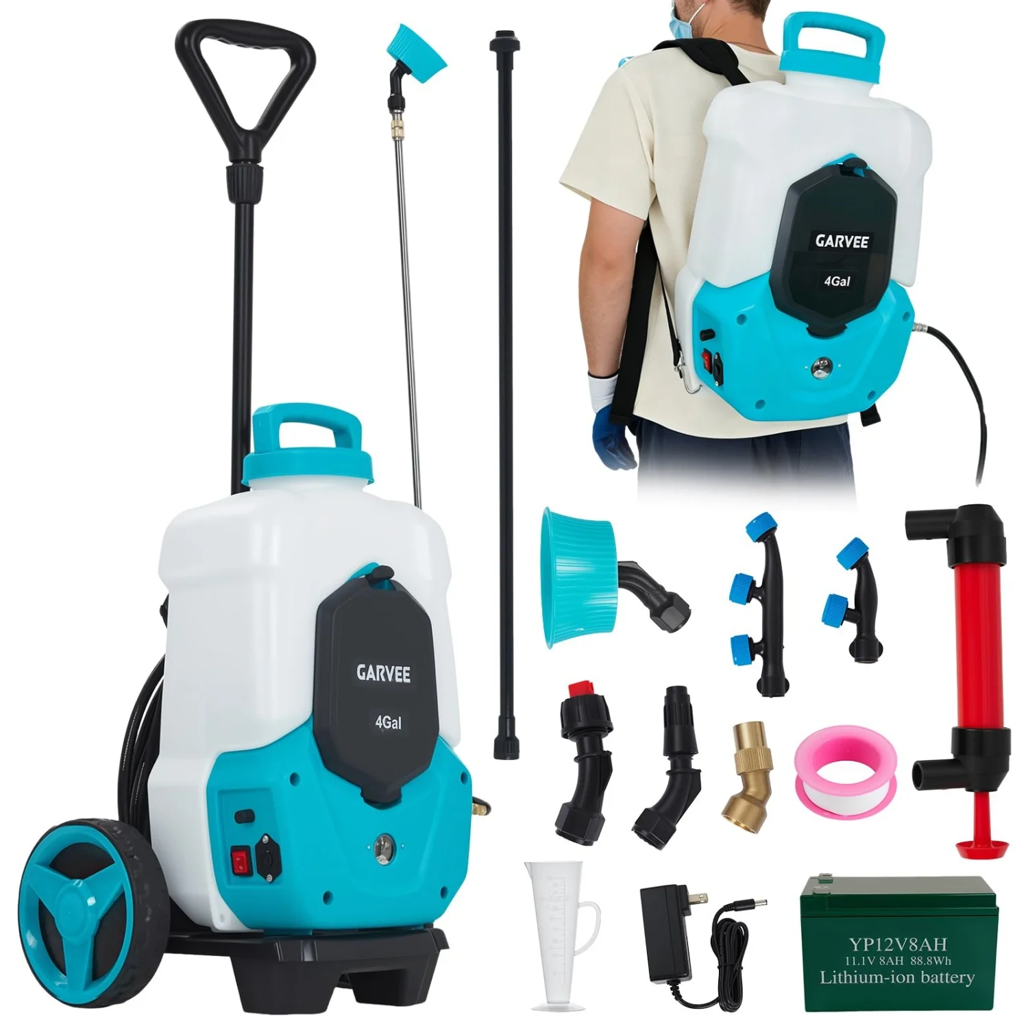 Battery Powered 4-Gallon Backpack Sprayer with Wheeled Cart – 12V 8Ah Rechargeable Pump – Adjustable Pressure up to 90 PSI – 6 Nozzles & 2 Wands – 4-6 Hour Runtime – Trigger Lock – Heavy Duty Electric Lawn & Garden Sprayer