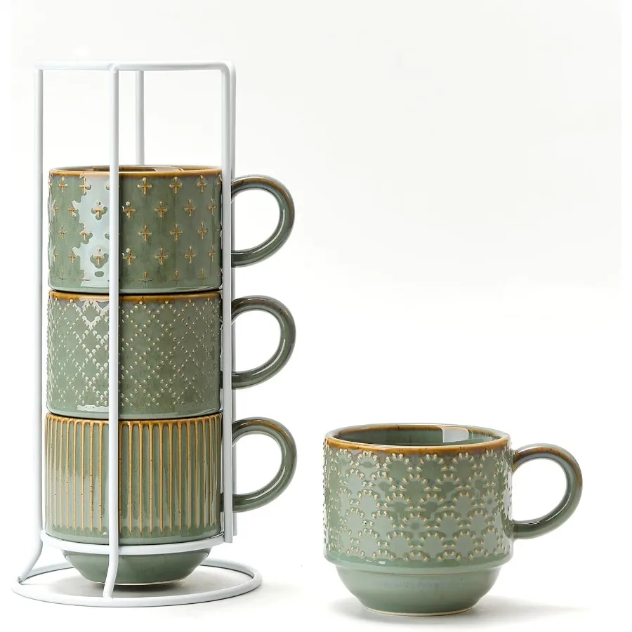 Grande caneca de café cerâmica conjunto de 4 com suporte 15 oz empilhável gravação com nervuras latte copo conjunto para cappuccino latte chá cacau quente