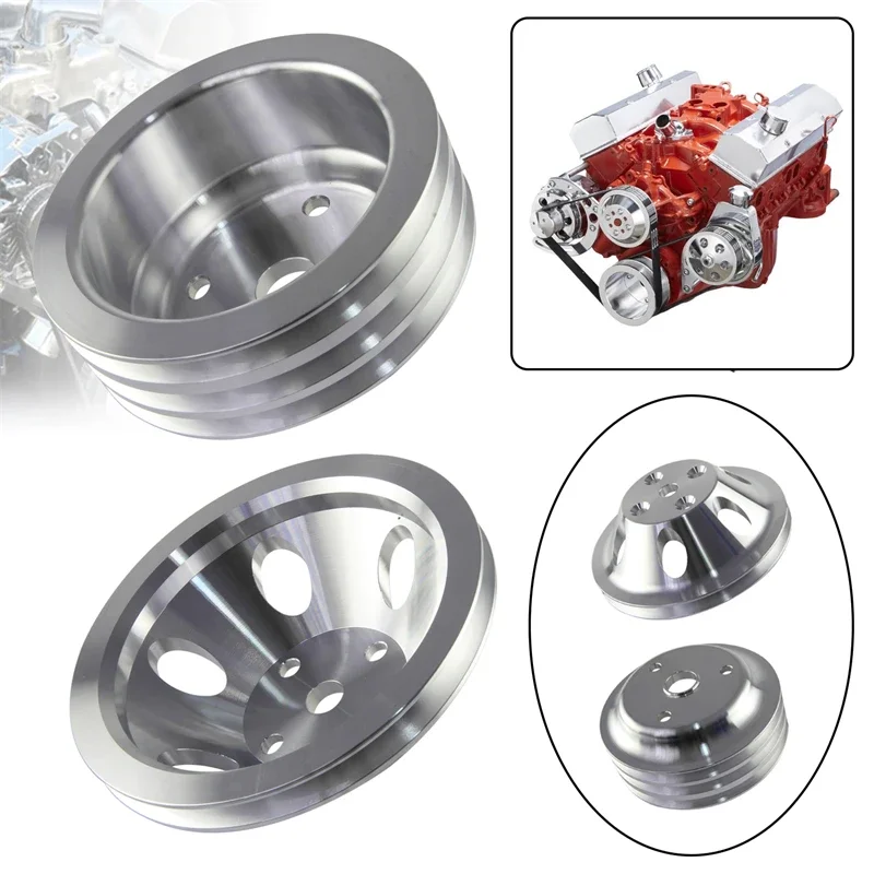 Aluminum  1 & 3 Groove LWP Long Water Pump Pulley Kit Small Block  For SB Chevy 350 265 283 305 327 383 400 Engine Crank