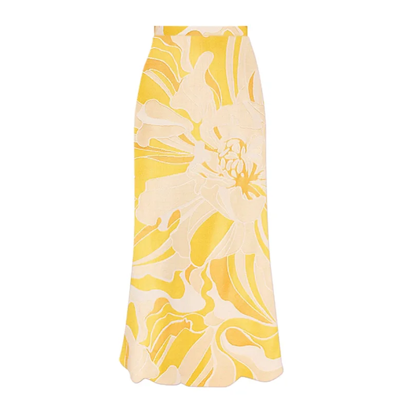 Women's Swimsuit Yellow Rose Flower Decoration One Piece with Printing Skirt