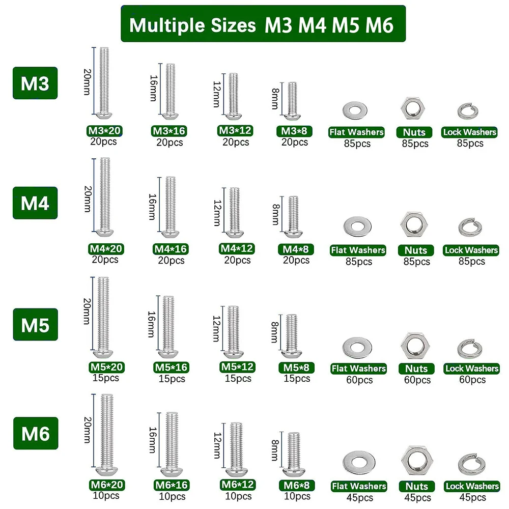 1085Pcs 304 A2 Stainless Steel Hex Socket Allen Screw Nuts Washers Sst M3 M4 M5 M6 Button Head Allen Bolt Assortment Kit ISO7380