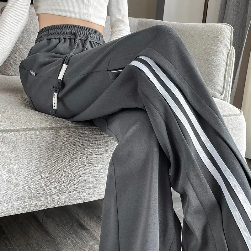 Spring Autumn Women Casual Striped Sports Pants Korean Fashion New Elastic High Waist Versatile Loose Basic Straight Trousers