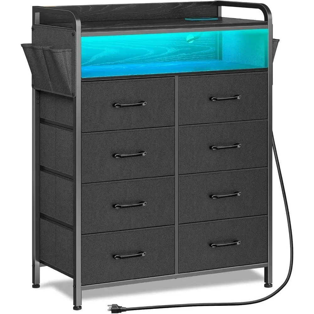 

Dresser with Power Outlets and LED Lights, 8 Drawers Dresser with Side Pockets, Fabric Chest of Drawers with PU Finish, Black