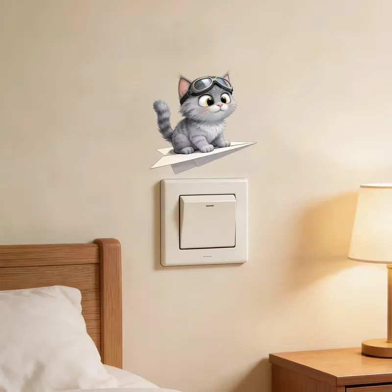 1 Piece Cartoon Paper Airplane & Cat Light Switch Sticker – Decorative Wall Decal – Self-Adhesive PVC Sticker – Suitable for Pla