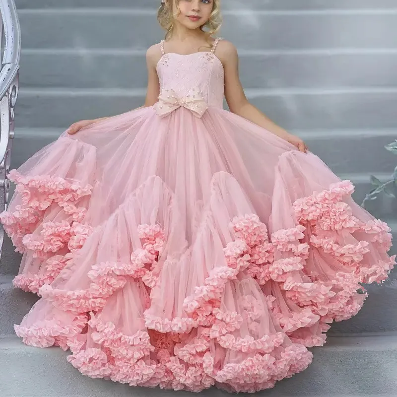 Pink Kids Flower Girl Dresses For Wedding Pink Tiered Skirts Toddler Pageant Gowns Tulle Beaded First Communion Wears