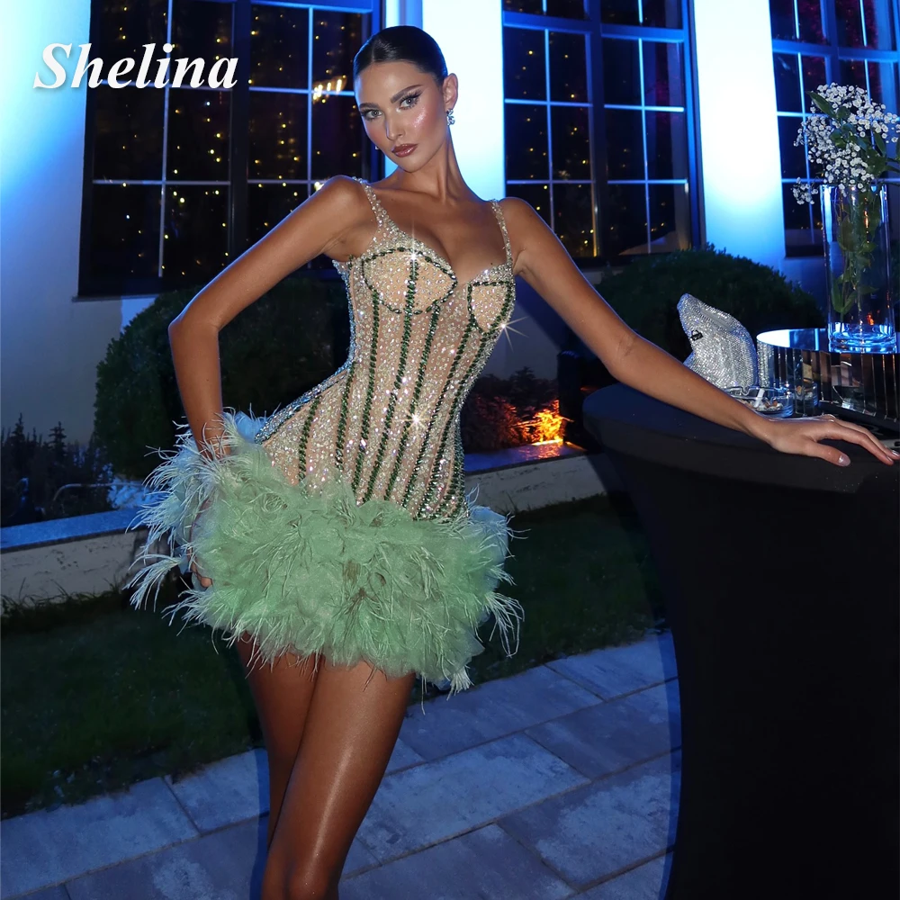 Shelina Exquisite Feather Homecoming Dresses for Women Sweetheart Rhinestones Spaghetti Straps Robes De Soiree Customised