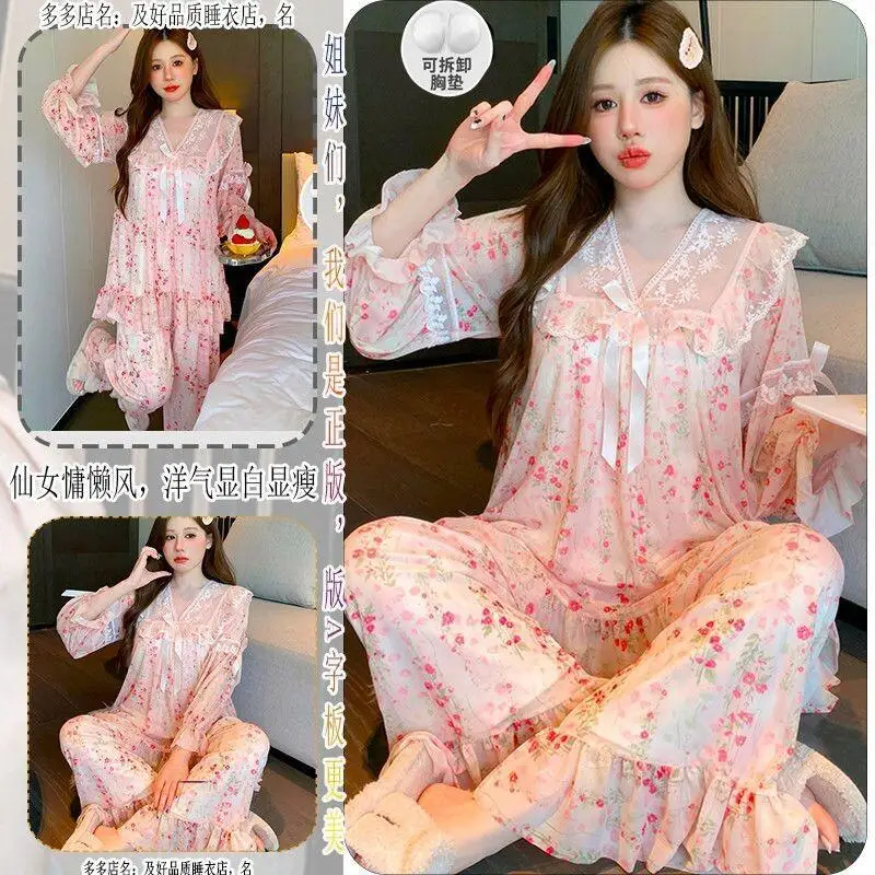 

Женский комплект для сна с подкладкой на груди, с цветочным узором, домашняя одежда, весна-осень, новинка, высококачественные пижамные штаны из чистого хлопка