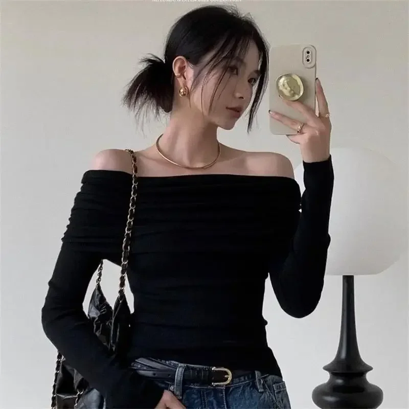 Y2k Aesthetic Women Translucence Tee Shirts Slash Neck Long Sleeve Solid Casual T-Shirts Vintage Off Shoulder Sexy Cute Tshirts