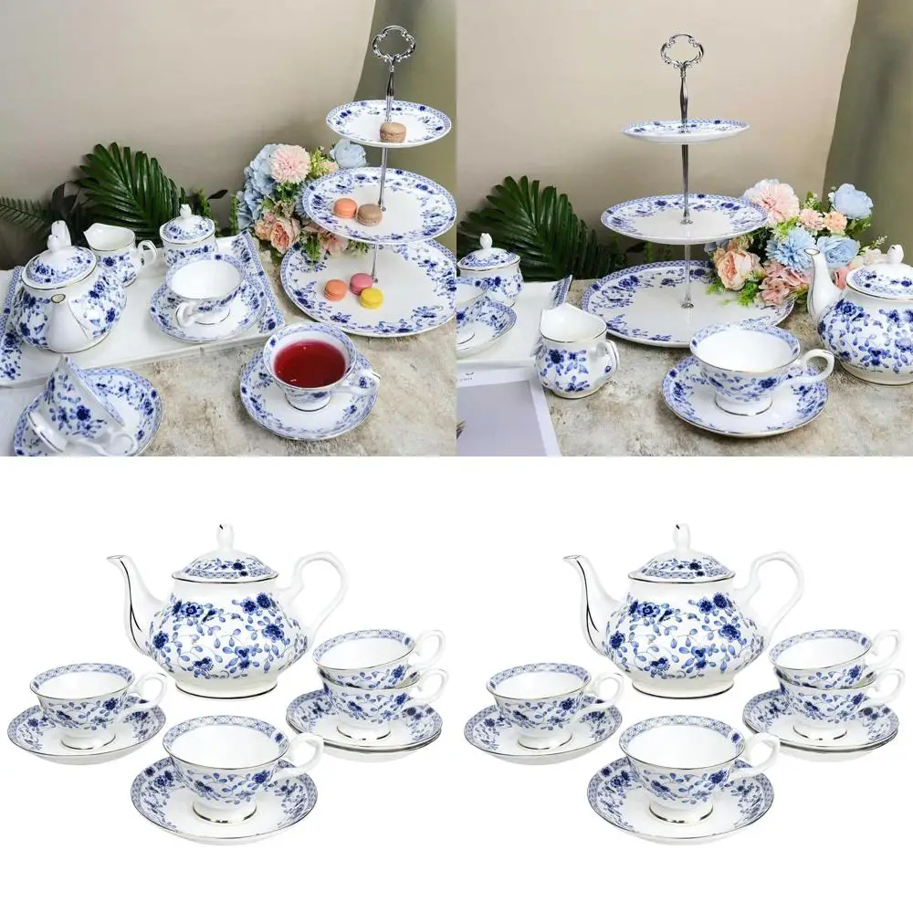 

Blue & White 13-Piece Vintage Floral Bone China Tea Set for 4 Adults, Gift Idea for Women's Tea Party