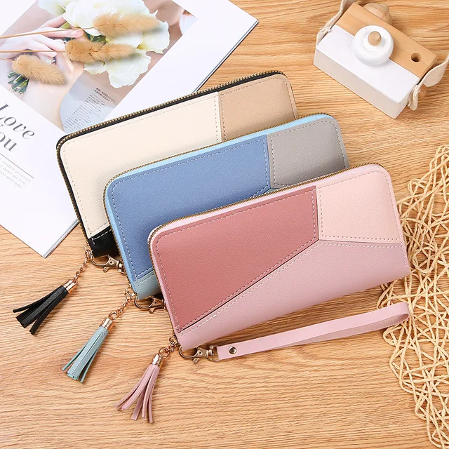 Fashion Zipper Wallets Womens Long Purses Handbags Coin Purse Cards Holder PU Leather Billfold Wallet Women's Long Zipper Wallet – PU Leather Clutch Purse with Card Slots and Coin Pocket, Black / Blue