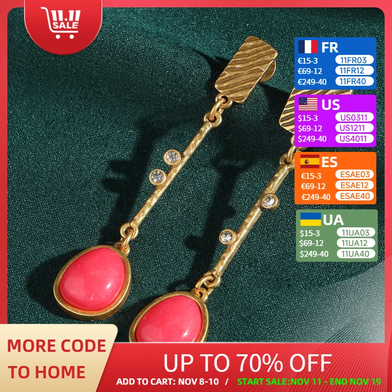 

Vintage Long Earring Red Natural Stone Water Drop Statement Gold Color Rhinestone Wedding Luxury Quality Gift Daily Designer