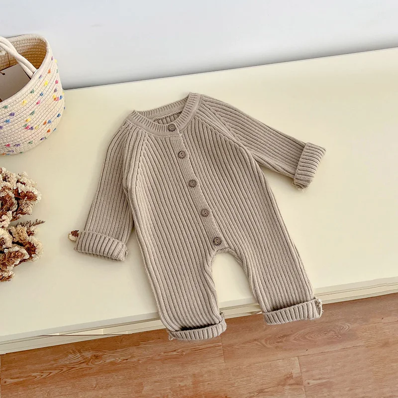 Herfst Pasgeborenen Korte Baby Meisjes Jongens Uit Één Stuk Kleding Gebreide Romper Effen Baby Jongens Jumpsuit Dikke Breigoed Outfits