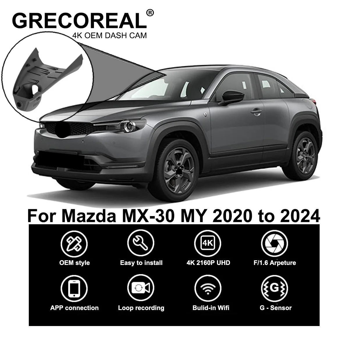 GRECOREAL 4K Dash Cam Front and Rear 2160P WiFi Car Dual Dashcam APP Control Plug Play Compatible with Mazda MX-30 MX30 MX 30