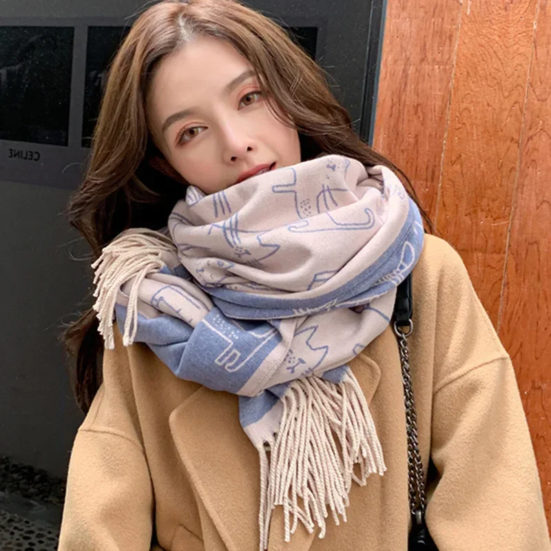 Autumn and Winter Scarves Popular Women Imitation Cashmere Thickened Kitten Shoulders Covered with Warm Scarves Dual Purposes.