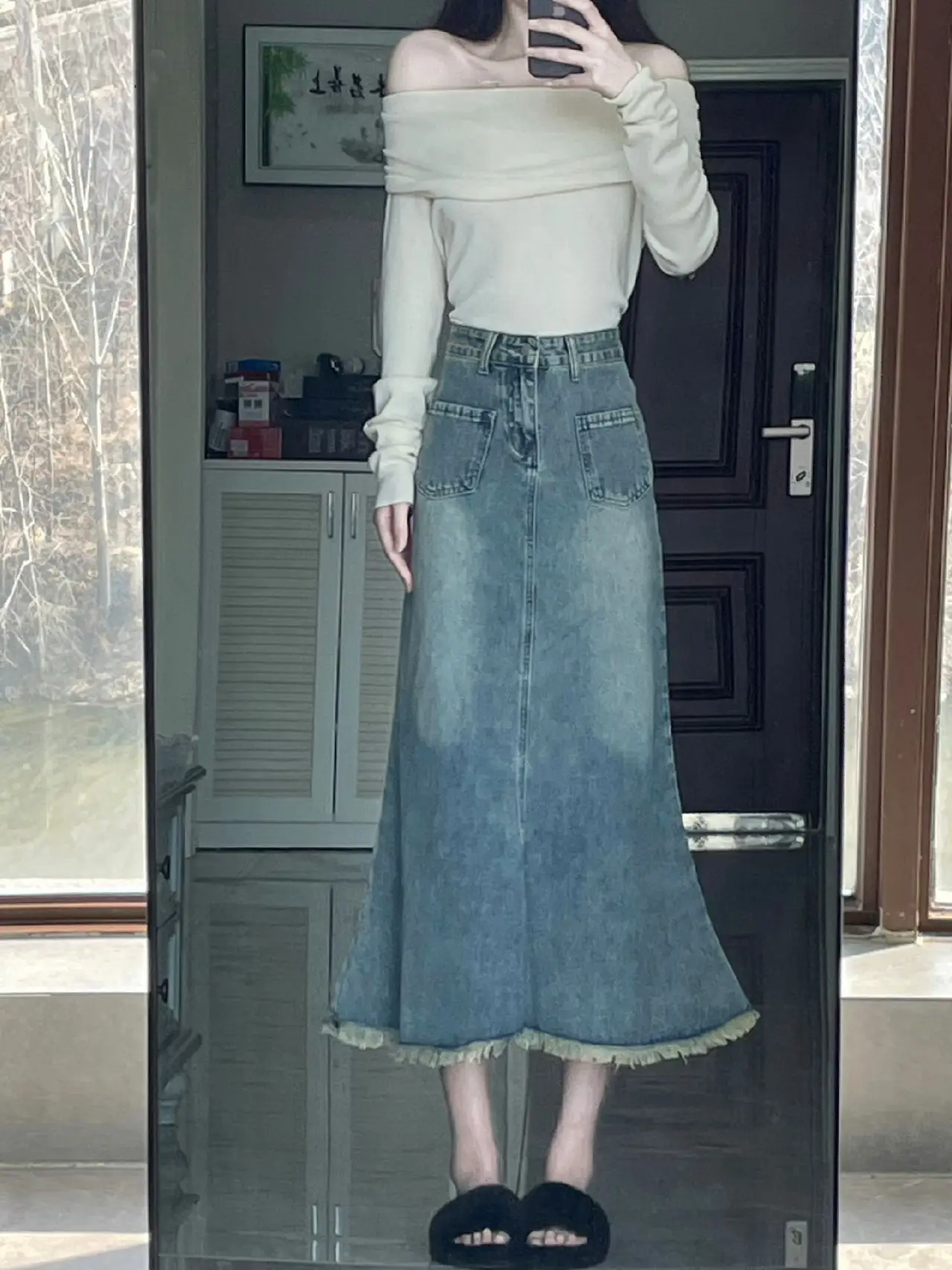 

Джинсовая юбка миди с высокой талией, женская потертая юбка трапециевидной формы с запахом на хвосте, утягивающая винтажная гонконгская юбка, летняя мода