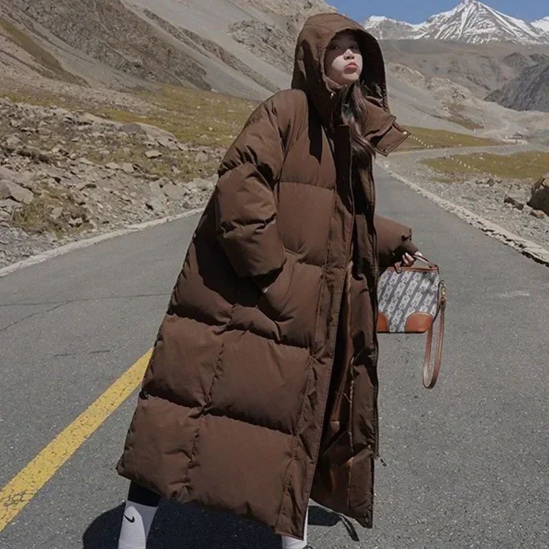 

Зимние длинные парки 2022, женские корейские версии, однотонные утепленные пуховики с капюшоном, женские повседневные свободные ветрозащитные пальто, верхняя одежда