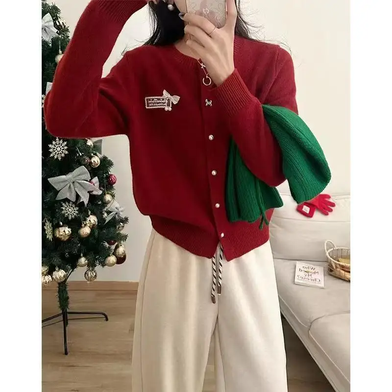 

Korean Bow Knitted Cardigan Women Cute Lace Sweater Outerwears Fashion Knitwears Winter Long Sleeve Casual Jumpers Kawaii