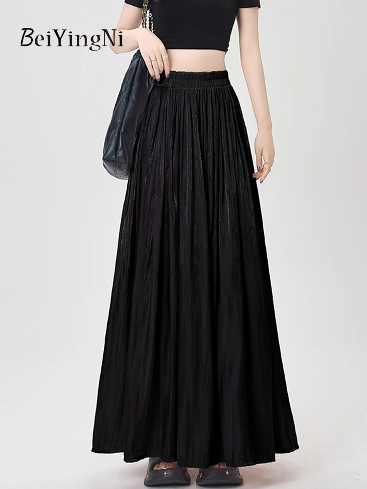 Beiyingni Vrouwen Maxi Geplooide Rokken Casual Eenvoudige Elastische Taille Wit Roze Lange A-lijn Rok Dames Elegante Luxe Franse Jupes