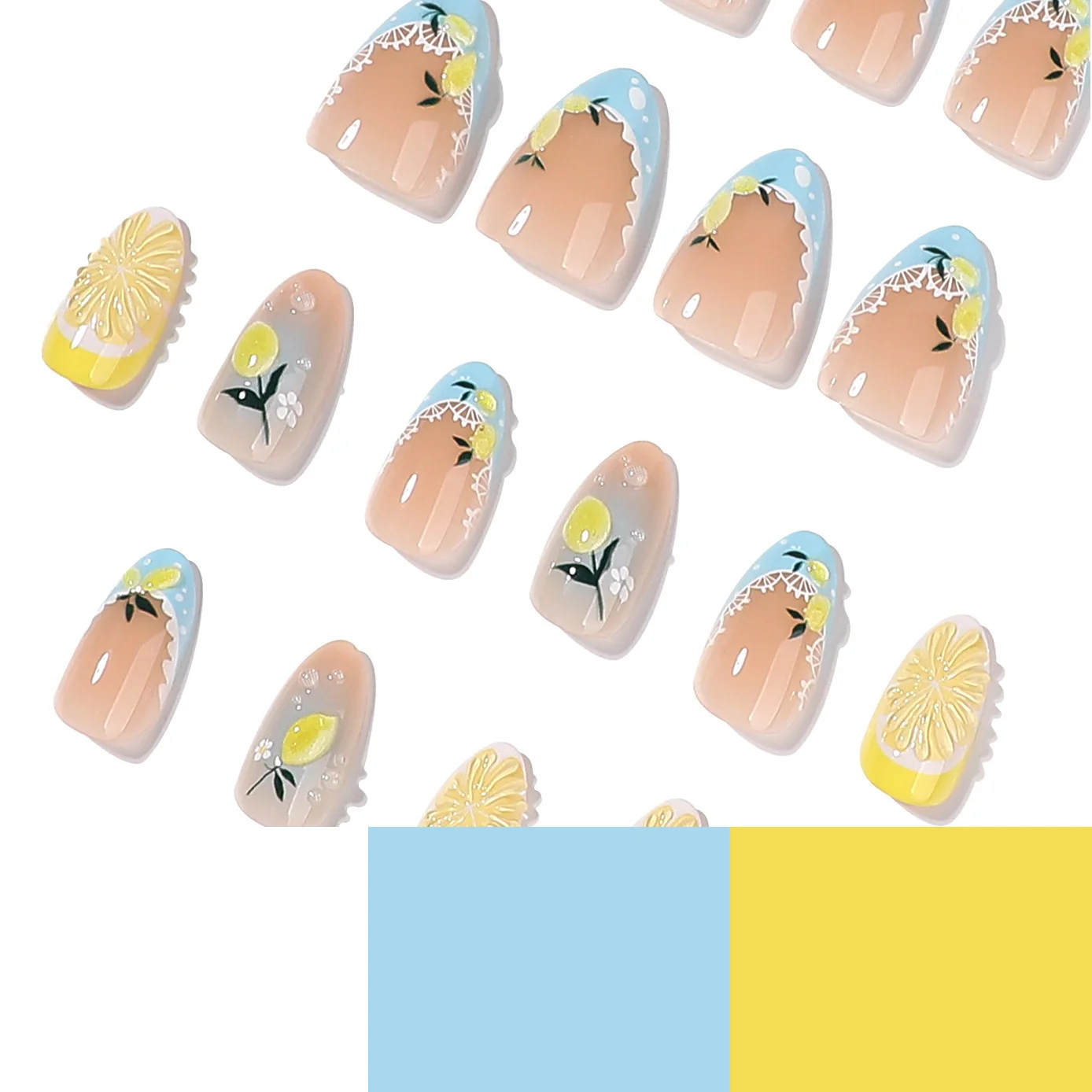 Fresh Minimalist 3D Lemon Design Wearable Nail Tips Short Almond Shape Artificial Nails for Quick And Easy Application