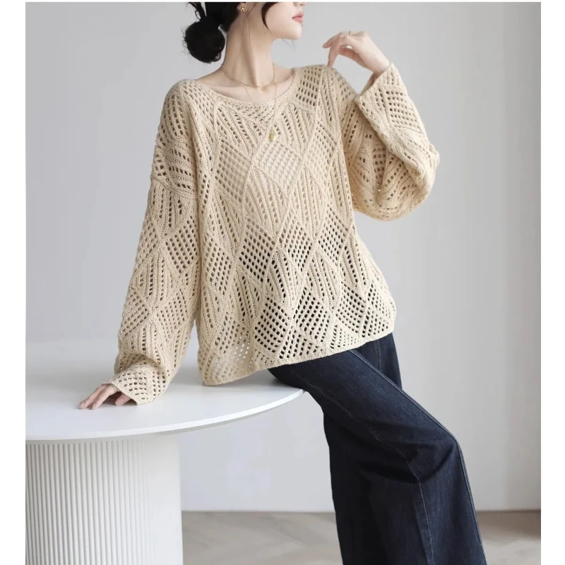 Simplicity Casual Spring/Summer Solid Women\'s O-Neck Hollow Out Korean Style Fashion Loose Long Sleeve Pullovers Knitted Tops