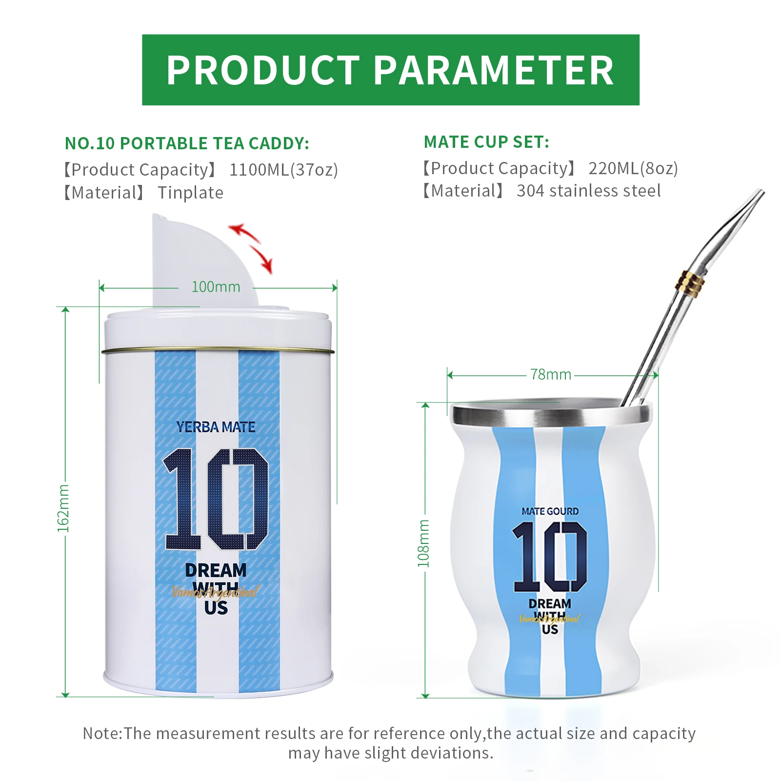 Juego de tazas de té de Yerba Mate, incluye fútbol de Argentina, Capitán No.10, estilo Yerbero, calabaza Mate de acero inoxidable y paja de Bombilla