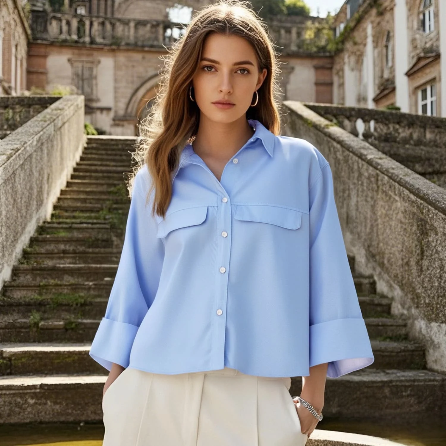 

PB&ZA Women's Three - quarter Sleeved Collared Button - down Shirt with Chest Pockets and Loose Fit for a Casual and Trendy Look