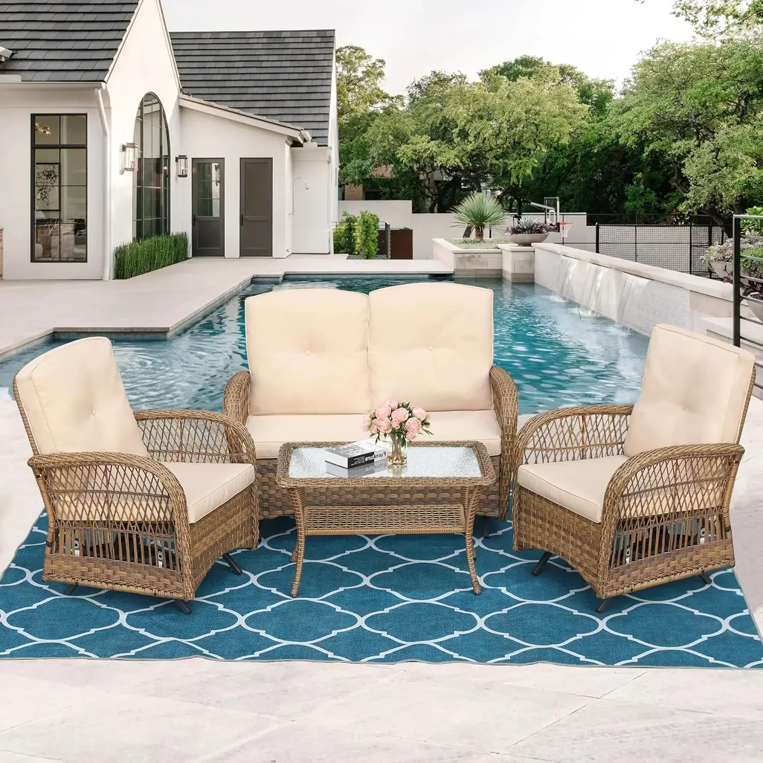 4 Pieces Outdoor Wicker Patio Conversation Sets with Glider Loveseat, 2 Chairs with Glass-Top Coffee Table Wicker Rocking Glider