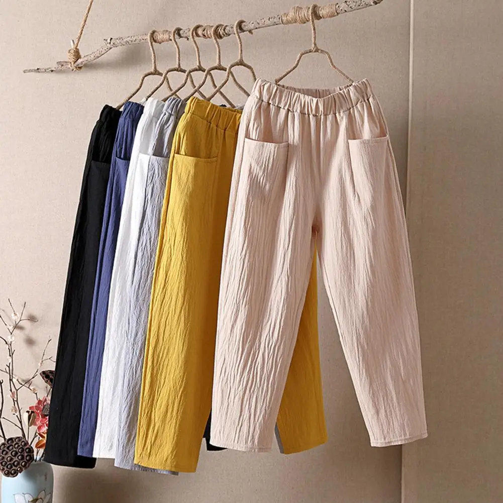 

Women Pants Elastic Waist Loose-fitting Solid Color Ankle-length with Pocket Decorative Flax Women Summer Wide Leg Pants