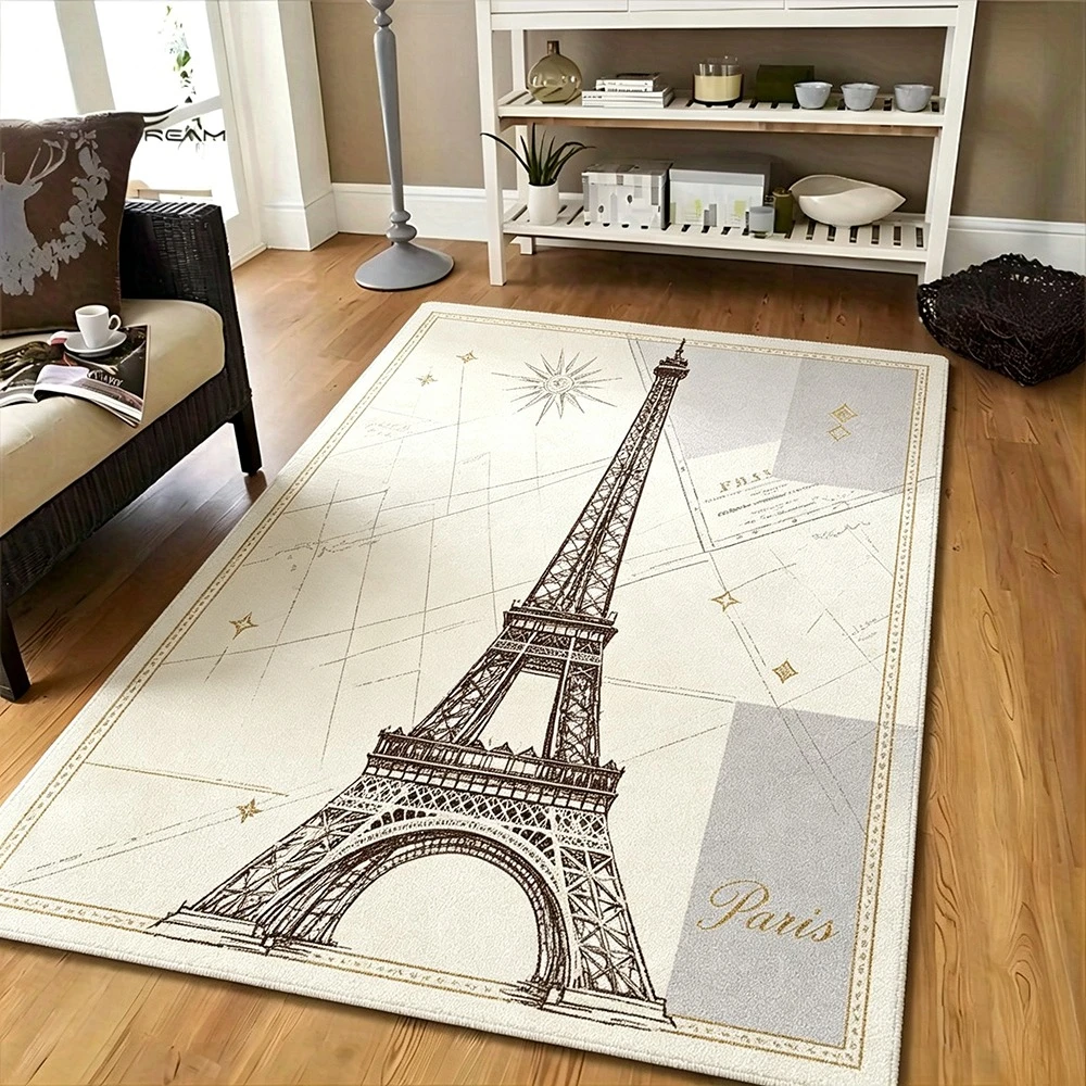 Carpet Non-Slip Easy Clean French Retro Artistic Home Decor Mat Living Room Rug Vintage Paris Eiffel Tower Artistic Style Theme