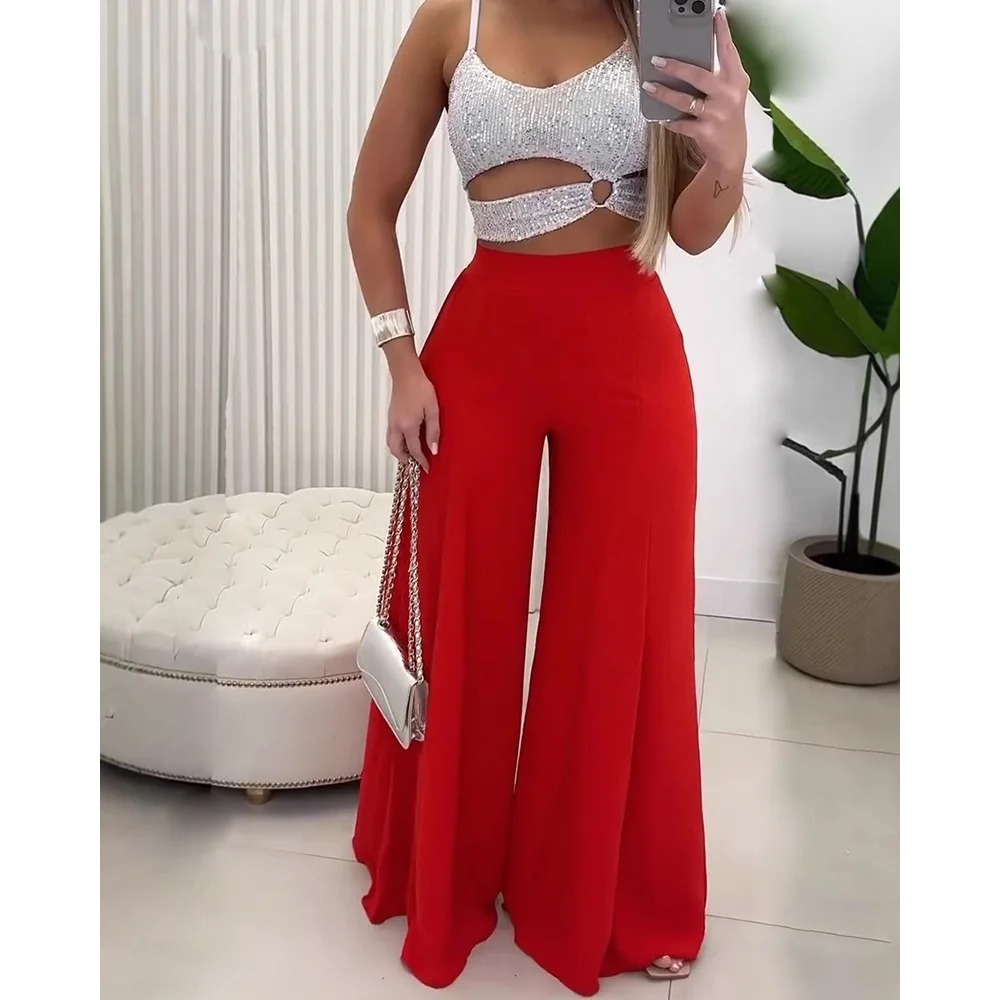 2-teiliges Damen-Outfit, schmale Passform, weites Bein, Hose, Spaghettiträger, Oberteil, lässig, elegant, Sommer, Frühling, passendes Set für Party, Urlaub