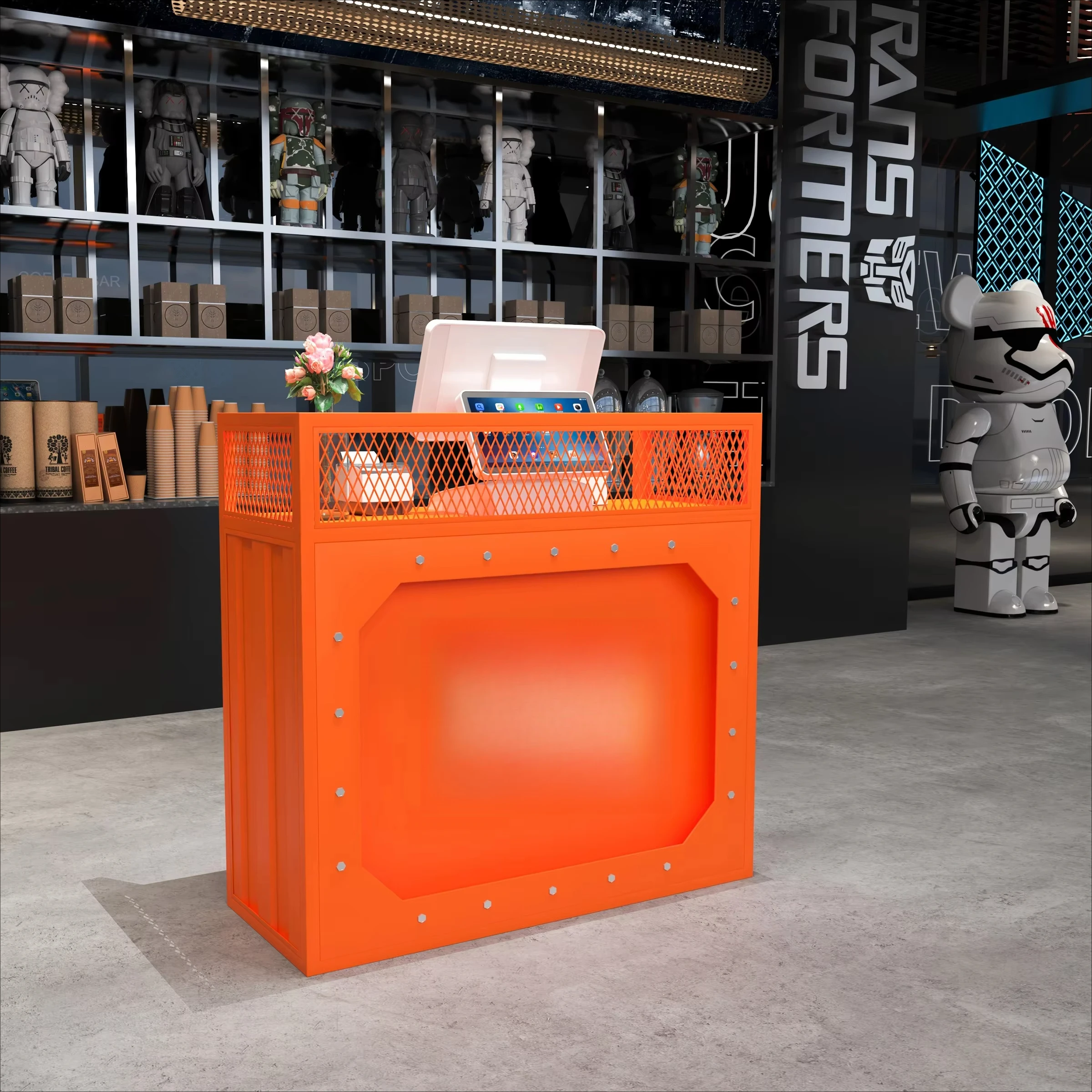 Restauracja komercyjna Mała recepcja styl industrialny metal catering strona kasy Wejście bar sklep