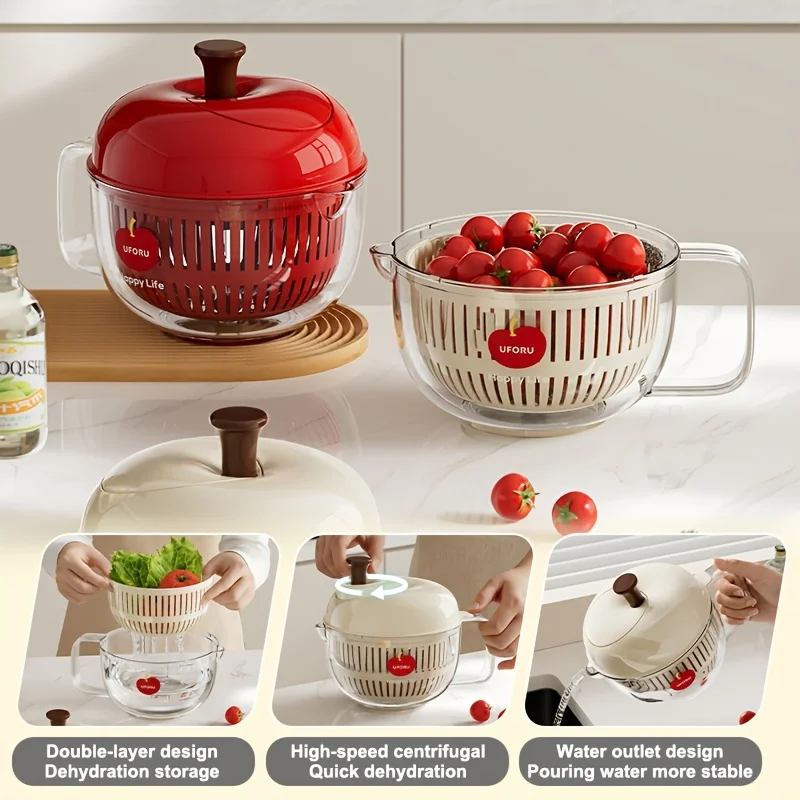 Apple Shaped Bpa Free Salad Spinner Detachable Double Layer Colander Handle Veg Fruit Wash Drain Basket Kitchen Gadget