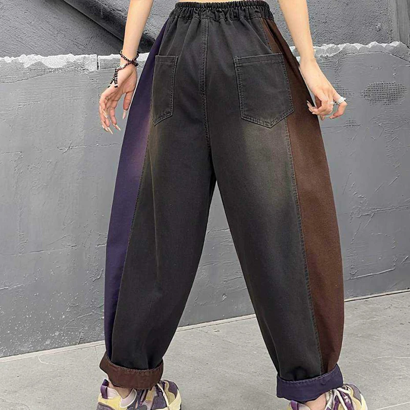 Amax LuluE 2026 Fall Womens Fashion Denim Pants Loose Vintage Jeans Ladies Classic Casual Patchwork Elastic Waist Harem Trousers