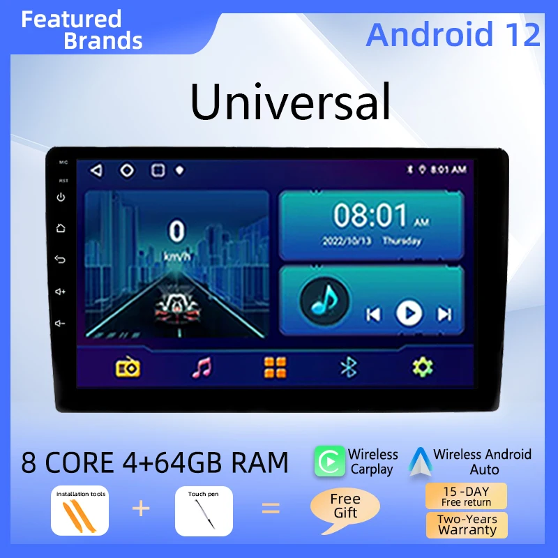 

10" 8 Core Wireless Carplay 1Din Android 12 Car Multimedia Player Universal Stereo GPS Navigation Audio Head Unit Wifi 4G RDSDSP